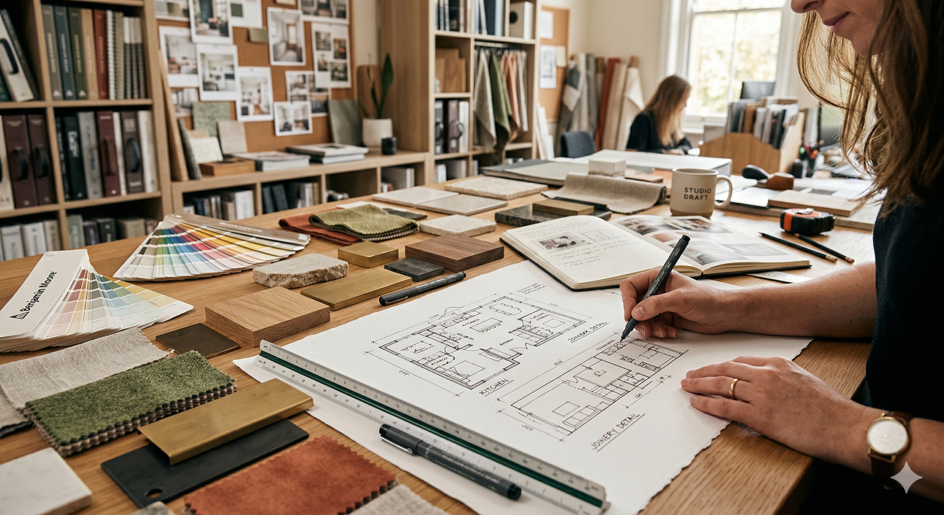 Minimalist living room with a beige sofa, green cylindrical pillows, round coffee table, potted plants, and large glass window overlooking an outdoor tree.